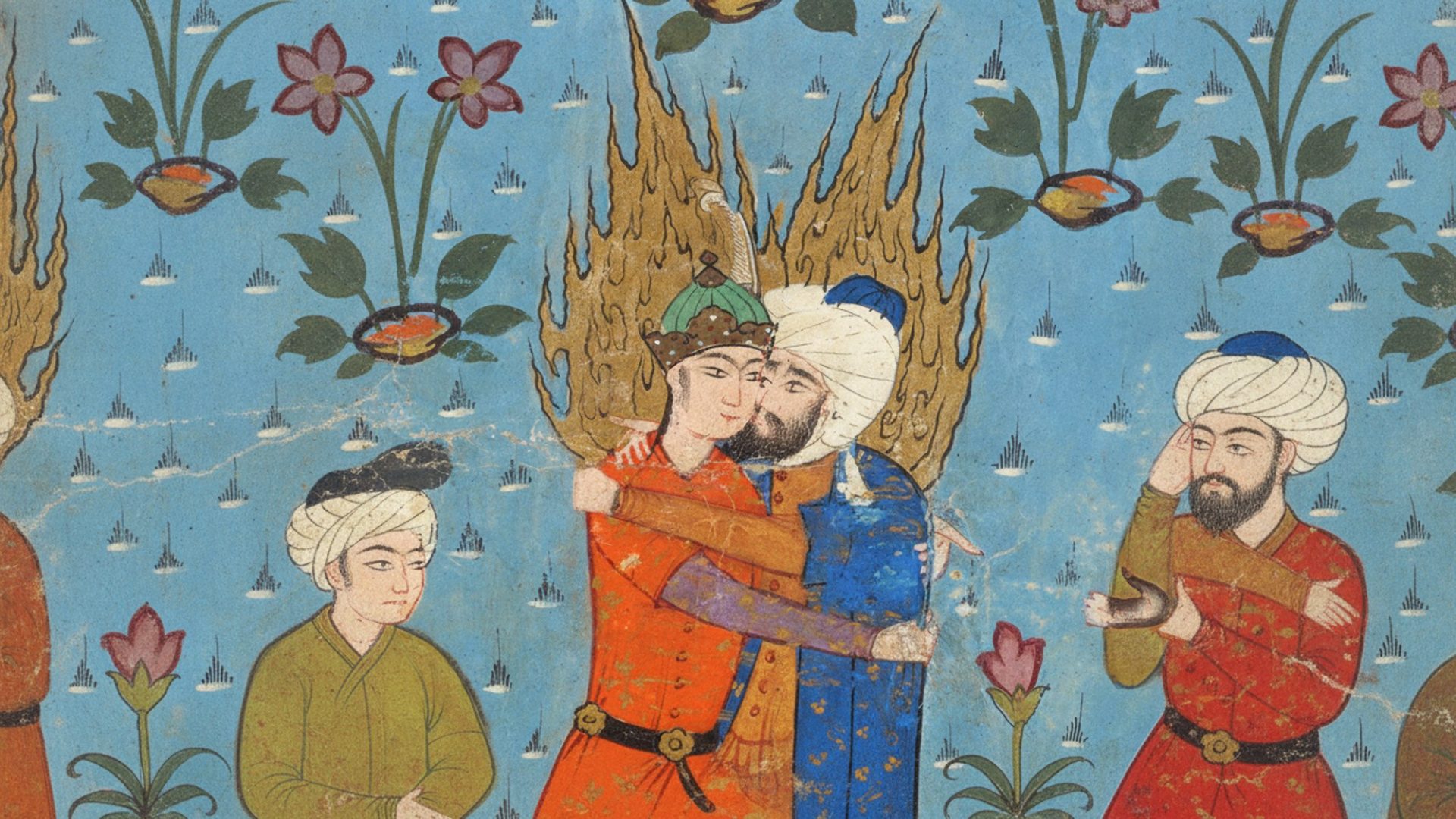 Persian miniature painting of two figures embracing, haloed in gold flame, against a blue ground with stylized flowers